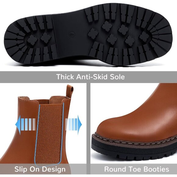 Athlefit Women Brown Chelsea Wedge Platform Slip on Lug Sole Elastic Ankle Boot - Picture 3 of 6